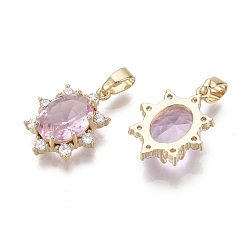 Pearl Pink Brass Micro Pave Cubic Zirconia Pendants, with Glass and Brass Snap on Bails, Nickel Free, Real 18k Gold Plated, Oval, Pearl Pink, 17x13x4.5mm, Hole: 2x4mm