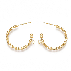 Real 18K Gold Plated Brass Stud Earring Findings, Half Hoop Earrings, with Loop, Nickel Free, Real 18K Gold Plated, 25x25x2.5mm, Hole: 1.5mm, Pin: 0.8mm
