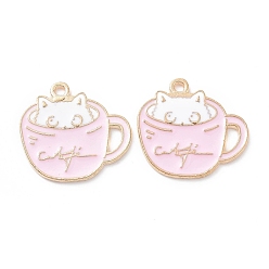 Pink Alloy Enamel Pendants, Light Gold, Cup with Cat Charm, Pink, 18.5x20x1mm, Hole: 1.5mm