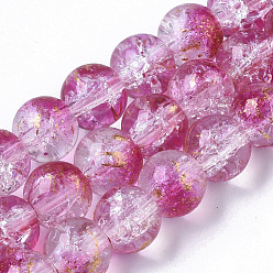 Camellia Transparent Spray Painted Crackle Glass Bead Strands, with Golden Foil, Round, Camellia, 8~9mm, Hole: 1.2~1.5mm, about 46~56pcs/Strand, 14.37 inch~16.3 inch(36.5~41.4cm)