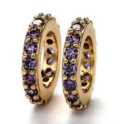 Pourpre Moyen Micro cuivres ouvrent zircone cubique perles européennes, plaqué longue durée, réel 18 k plaqué or, Perles avec un grand trou   , anneau, support violet, 10x1.8mm, Trou: 6mm