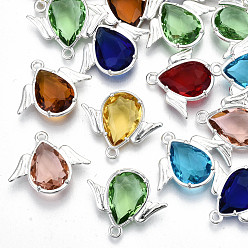 Mixed Color Faceted Glass Pendants, with Eco-Friendly Alloy Findings, Cadmium Free & Nickel Free & Lead Free, Angel, Light Gold, Mixed Color, 18x22x4.5mm, Hole: 1.6mm