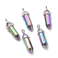 Multi-color Plated Rainbow Color Faceted Bullet Glass Pointed Pendants, with Platinum Plated Brass Findings, Multi-color Plated, 38~39.5x12.5x10mm, Hole: 5x3mm