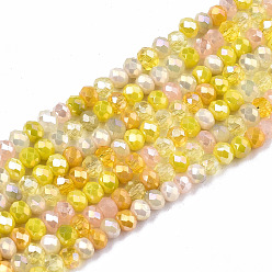 Jaune Galvanoplastie des brins de perles de verre de couleur mélangée, de couleur plaquée ab , facettes rondelle, jaune, 3x2mm, Trou: 0.8mm, Environ 186~193 pcs/chapelet, 17.13 pouces ~ 17.32 pouces, (43.5 cm ~ 44 cm)