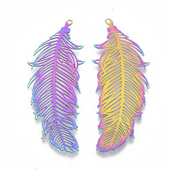 Rainbow Color Ion Plating(IP) 201 Stainless Steel Filigree Pendants, Etched Metal Embellishments, Feather, Rainbow Color, 47x19x0.3mm, Hole: 1.2mm