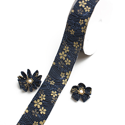 Prussian Blue Cotton Ribbons, Wave and Gold Tone Flower Pattern, Garment Accessories, Prussian Blue, 1-5/8 inch(40mm), about 10 yards/roll