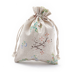 Colorful Polycotton(Polyester Cotton) Packing Pouches Drawstring Bags, with Printed Flower, Colorful, 18x13cm