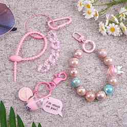 Pink Beaded Key Ring Bracelet for Women, Colorful Cute Bracelet Keychain, Pink, 6.3cm