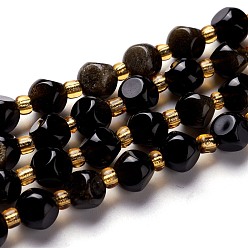 Obsidienne Dorée Brillance dorée naturelle perles obsidienne brins, avec des perles de rocaille, dés célestes à six faces, 6~6.5x6~6.5x6~6.5mm, Trou: 0.5mm, Environ 25 pcs/chapelet, 7.97'' (20.25 cm)