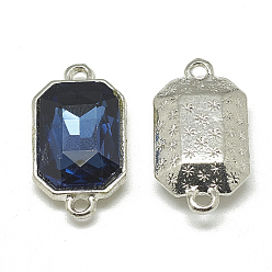Prussian Blue Alloy Glass Links connectors, Faceted, Rectangle Octagon, Platinum, Prussian Blue, 21x12x5.5mm, Hole: 1.5mm