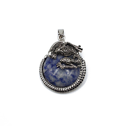 Blue Spot Jasper Natural Blue Spot Jasper Pendants, Flat Round Charms with Skeleton, with Antique Silver Plated Metal Findings, 40x35mm