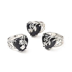 Blue Goldstone Synthetic Blue Goldstone Adjustable Rings, Platinum Tone Heart with Flower Brass Rings for Women, Cadmium Free & Lead Free, US Size 6 3/4(17.1mm), 4.5~9mm