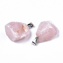 Quartz Rose Rose pendentifs quartz, avec des bails en fer plaqué platine, nuggets, 24~30x19~24x14~19mm, Trou: 7x4mm