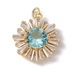 Pale Turquoise Brass with Cubic Zirconia Pendants, Real 18K Gold Plated, with Jump Ring, Cadmium Free & Nickel Free & Lead Free, Rack Plating, Flower, Pale Turquoise, 20.5x18x7.5mm, Hole: 3mm