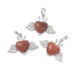 Goldstone Synthetic Goldstone Pendants, Heart Charms with Wings & Crown, with Platinum Tone Brass Crystal Rhinestone Findings, 26x35.5x8mm, Hole: 8x5mm