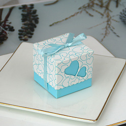Светло-Голубой Квадратная складная креативная бумажная подарочная коробка, коробки конфет, узор сердца с лентой, декоративная подарочная коробка на свадьбу, Небесно-голубой, 5.2x5.2x5 см
