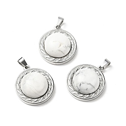 Howlite Natural Howlite Pendants, with Stainless Steel Color Tone 304 Stainless Steel Findings, Half Round Charm, 24.5x21x8mm, Hole: 3x6mm