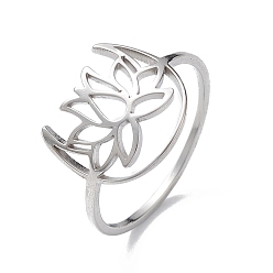 Stainless Steel Color Hollow Out Lotus 304 Stainless Steel Finger Ring for Women, Stainless Steel Color, Inner Diameter: 17mm