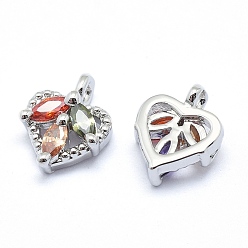 Real Platinum Plated Brass Charms, with Cubic Zirconia, Cadmium Free & Nickel Free & Lead Free, Heart, Mixed Color, Real Platinum Plated, 10x8x3mm, Hole: 1.5mm