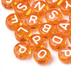 Orange Foncé Perles acryliques transparentes, trou horizontal, mélange de lettres, plat rond, orange foncé, 7x4mm, Trou: 1.5mm, environ3700 pcs / 500 g