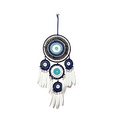 White Evil Eye Woven Web/Net with Feather Wall Hanging Decorations, with Iron Ring, for Home Bedroom Decorations, White, 540mm