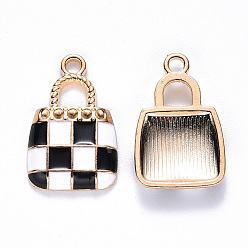 Black Alloy Enamel Pendants, Handbag, Light Gold, Black, 21x13.5x3mm, Hole: 2mm