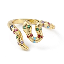 Real 18K Gold Plated Colorful Cubic Zirconia Snake Open Cuff Ring, Brass Jewelry for Women, Lead Free & Cadmium Free, Real 18K Gold Plated, US Size 6(16.5mm)