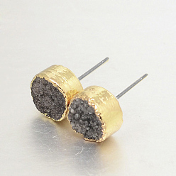 Slate Gray Flat Round Natural Druzy Agate Stud Earrings, with Golden Plated Brass Findings, Slate Gray, 10x6~7mm, Pin: 0.8mm