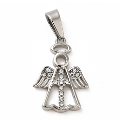 Stainless Steel Color 304 Stainless Steel Pendants, with Rhinestone, Angel Charm, Stainless Steel Color, 22x16x2mm, Hole: 7.5x3.5mm
