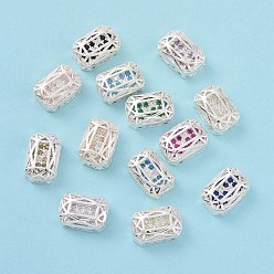 Mixed Color Eco-friendly Brass Micro Pave Cubic Zirconia Multi-strand Links, Rack Plating, Cadmium Free & Lead Free, Rectangle Octagon, Silver Color Plated, Mixed Color, 12x8x5mm, Hole: 1.2mm