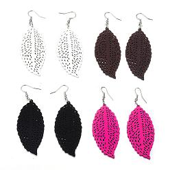 Mixed Color Trendy Leaf Wood Dangle Earrings, with Platinum Tone Alloy Earring Hooks, Mixed Color, 78~80x28~30mm, pin: 0.8mm