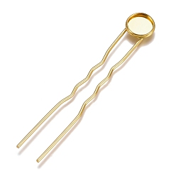 Golden Iron Hair Fork Findings, with Flat Round Brass Cabochon Settings, Long-Lasting Plated, Golden, Tray: 14mm, 79x16x3mm