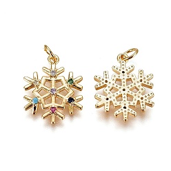 Golden Brass Micro Pave Cubic Zirconia Pendants, with Enamel and Jump Ring, Christmas, Snowflake, Golden, 19x15x2.3mm, Hole: 3mm
