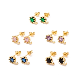 Mixed Color Rack Plating Brass Cubic Zirconia Stud Earrings Findings, Real 18K Gold Plated, with Hook, Cadmium Free & Lead Free, Crown, Mixed Color, 9x7mm, Hole: 1.6mm, Pin: 1mm