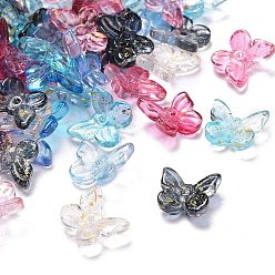 Mixed Color Two Tone Transparent Spray Painted Glass Charms, with Glitter Powder, Butterfly, Mixed Color, 9.5x11x3mm, Hole: 0.8mm