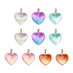 Mixed Color 10Pcs 5 Colors Two Tone Transparent Glass Pendants, with Golden Plated Iron Findings, Heart Charms, Mixed Color, 22x20.5x7mm, Hole: 6x2mm, 2Pcs/color