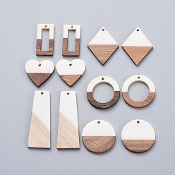 White Resin & Walnut Wood Pendants, Flat Round & Ring & Rectangle & Rhombus & Heart & Trapezoid, White, 12pcs/set