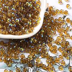 Verge D'or Foncé Perles de rocaille en verre, demi-plaqué, couleurs transparentes arc, trou rond, ronde, verge d'or noir, 4x3mm, Trou: 1.2mm, 7500 pcs / livre