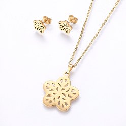 Golden 304 Stainless Steel Jewelry Sets, Stud Earrings and Pendant Necklaces, Flower, Golden, Necklace: 17.7 inch(45cm), Stud Earrings: 9x9.5x1.2mm, Pin: 0.8mm