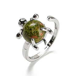 Унакит Открытое кольцо-манжета из натуральной черепахи унакита, платиновое латунное кольцо, размер США 8 1/2 (18.5 мм)