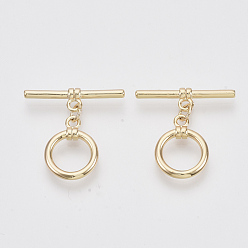 Real 18K Gold Plated Brass Toggle Clasps, Real 18K Gold Plated, Round Ring, Nickel Free, 26mm Long, Bar: 26x7x4mm, Hole: 2mm, Ring: 18x14x2mm, Hole: 2mm, Jump Ring: 5x3x1mm