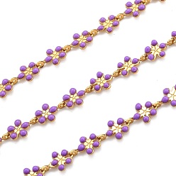 Purple Golden Brass Enamel Link Chain, Long-Lasting Plated, with Spool, Unwelded, Flower, Purple, 9x6x1mm, 32.8 Feet(10m)/roll