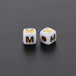 Letter M Opaque White Acrylic Beads, Metal Enlaced, Cube with Letters, Letter.M, 4.5mm, Hole: 2mm, about 5000pcs/500g
