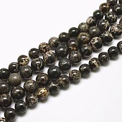 Noir Brins de perles de jaspe impérial naturel, ronde, teint, noir, 10mm, Trou: 1mm, Environ 38 pcs/chapelet, 15 pouce