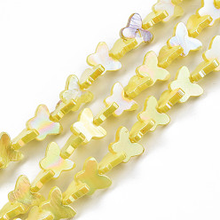 Yellow Natural Freshwater Shell Beads Strands, AB Color Plated, Dyed, Butterfly, Yellow, 10~11x12.5~13.5x3mm, Hole: 0.7mm, about 38~39pcs/strand, 12.80 inch~12.99 inch(32.5~33cm)