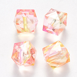 Rose Nacré Perles acryliques peintes par pulvérisation transparente deux tons, polygone, perle rose, 7.5x8x8mm, trou: 1.8 mm, environ 1690 pcs / 500 g
