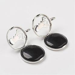 Black Agate Natural Black Agate Pendants, with Brass Diffuser Locket Finding, Flat Round with Christmas Reindeer/Stag, 31x26x8mm, Hole: 4mm