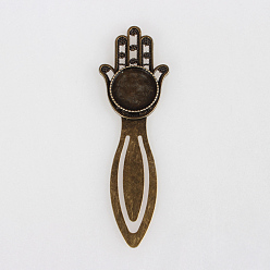 Antique Bronze Antique Bronze Iron Bookmark Cabochon Settings, Hamsa Hand/Hand of Fatima/Hand of Miriam with Alloy Flat Round Tray, Cadmium Free & Nickel Free & Lead Free, Antique Bronze, 92x30x4mm, Tray: 18mm