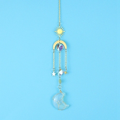 Opalite Opalite Moon Sun Catcher Hanging Ornaments, with Brass Star & Sun, for Home, Garden Decoration, 400mm