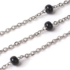 Black 304 Stainless Steel Cable Chains, Satellite Chains, with Enamel, Soldered, with Spool, Flat Oval, Black, 2.4x2x0.4mm, Beads: 4mm, about 32.8 Feet(10m)/roll
